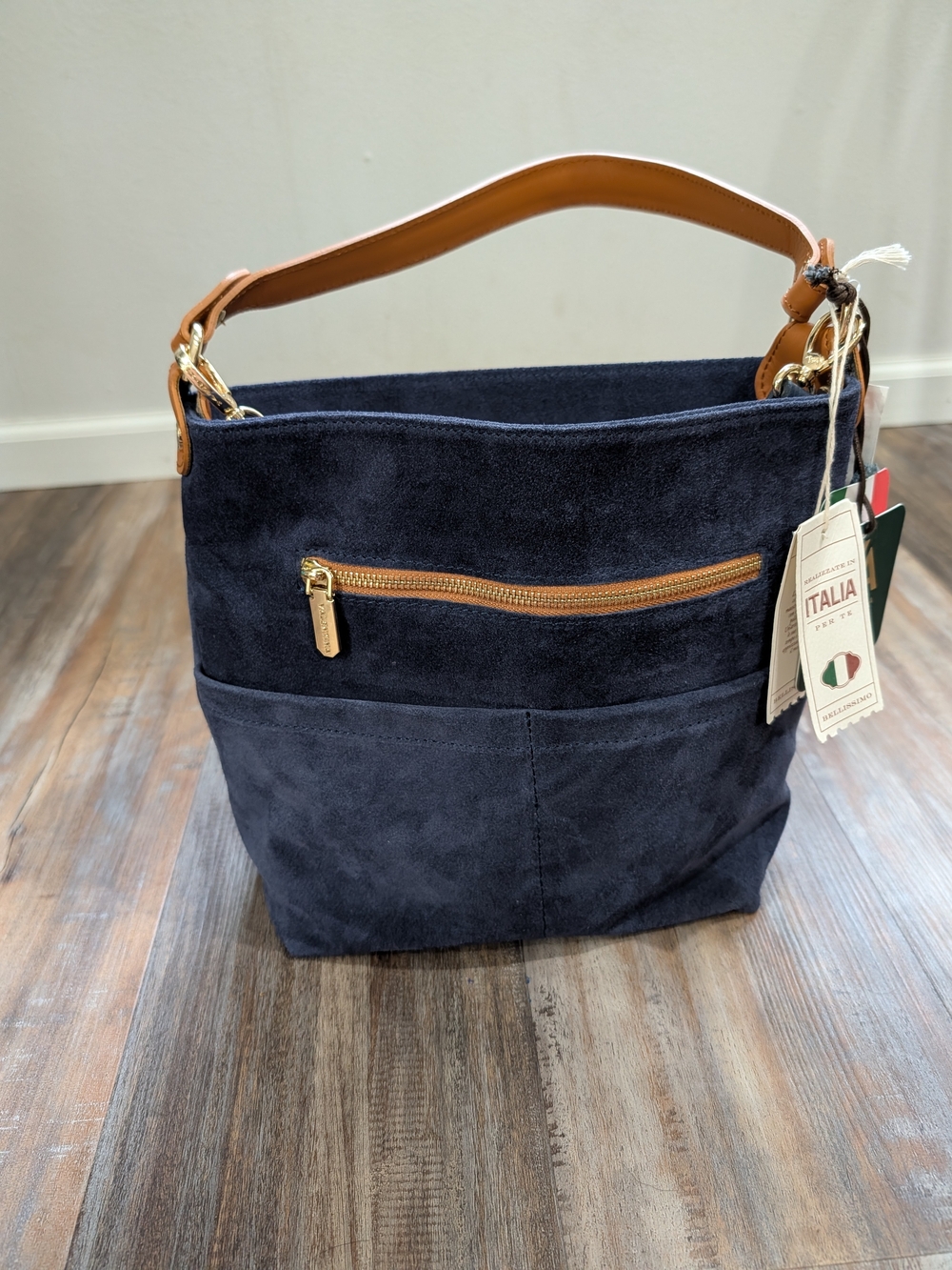 Valentina 4416 Navy Suede Leather Shoulder Crossbody Bag Made Italy NWT